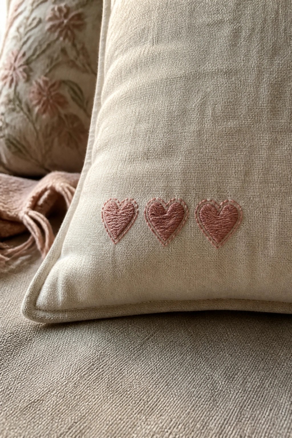 Beige linen pillow with three dusty pink embroidered hearts in a row