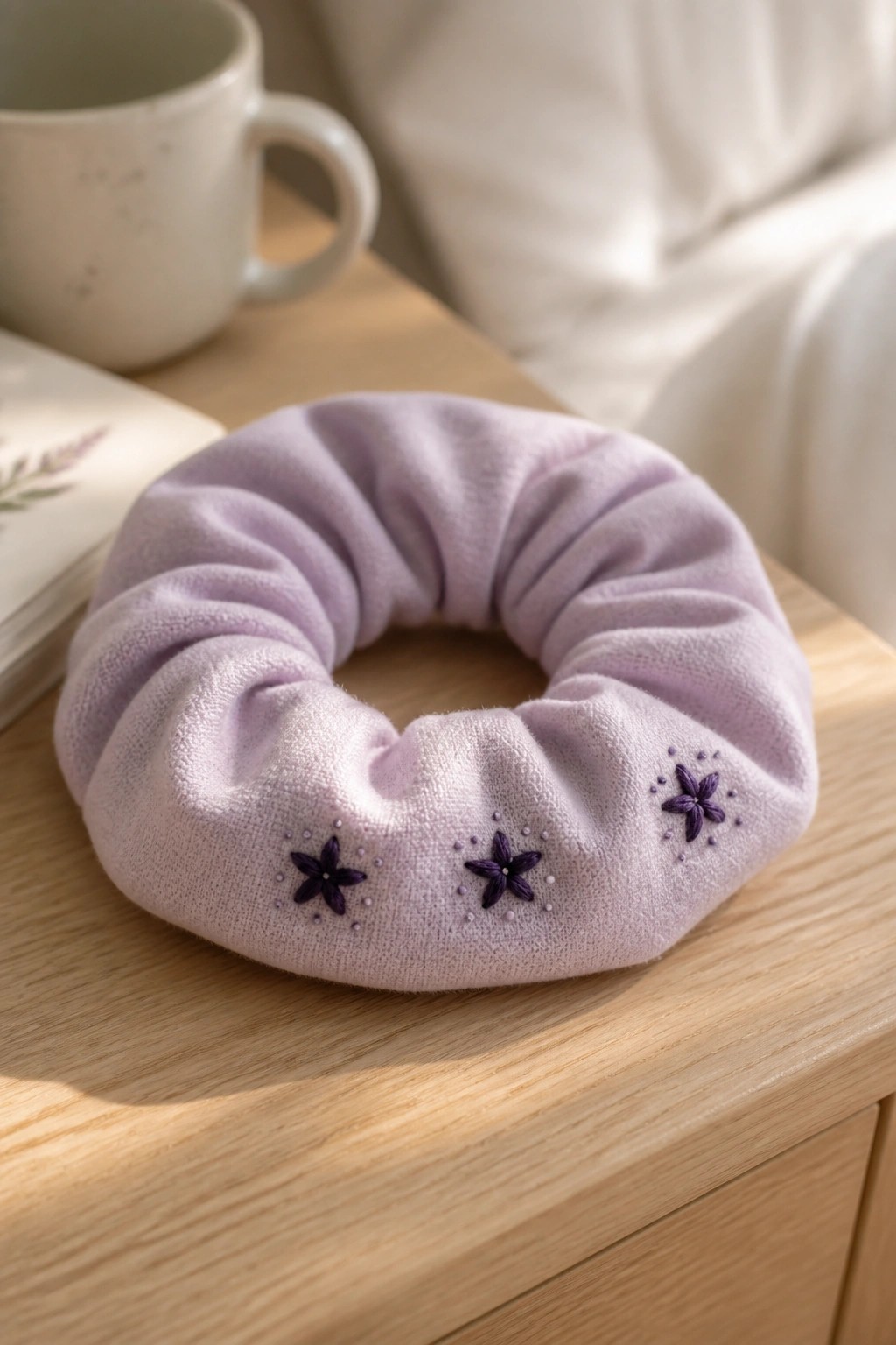 Lavender scrunchie with purple floral embroidery on light wooden surface near mug and book