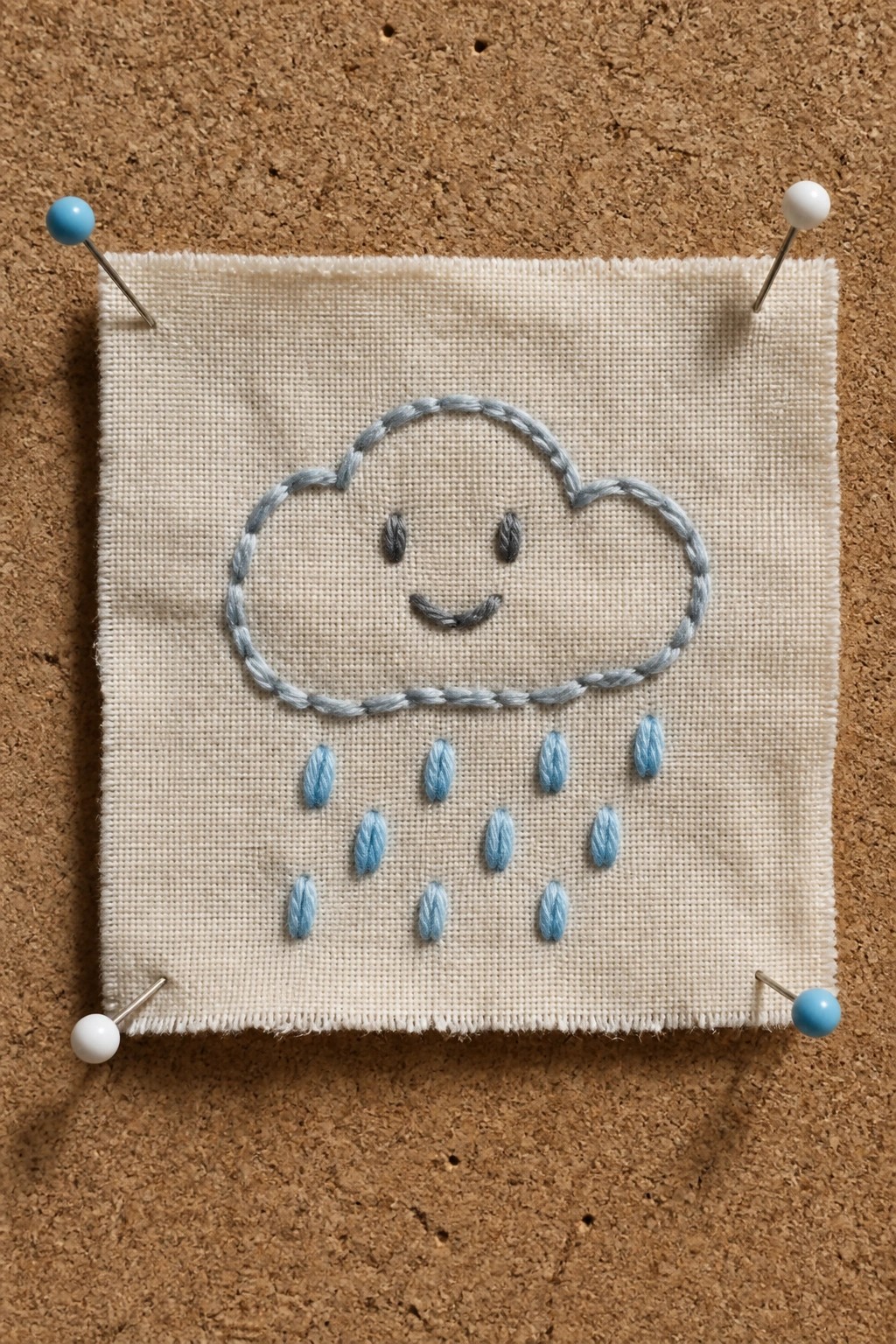 Embroidered smiling cloud with blue raindrops on fabric pinned to corkboard