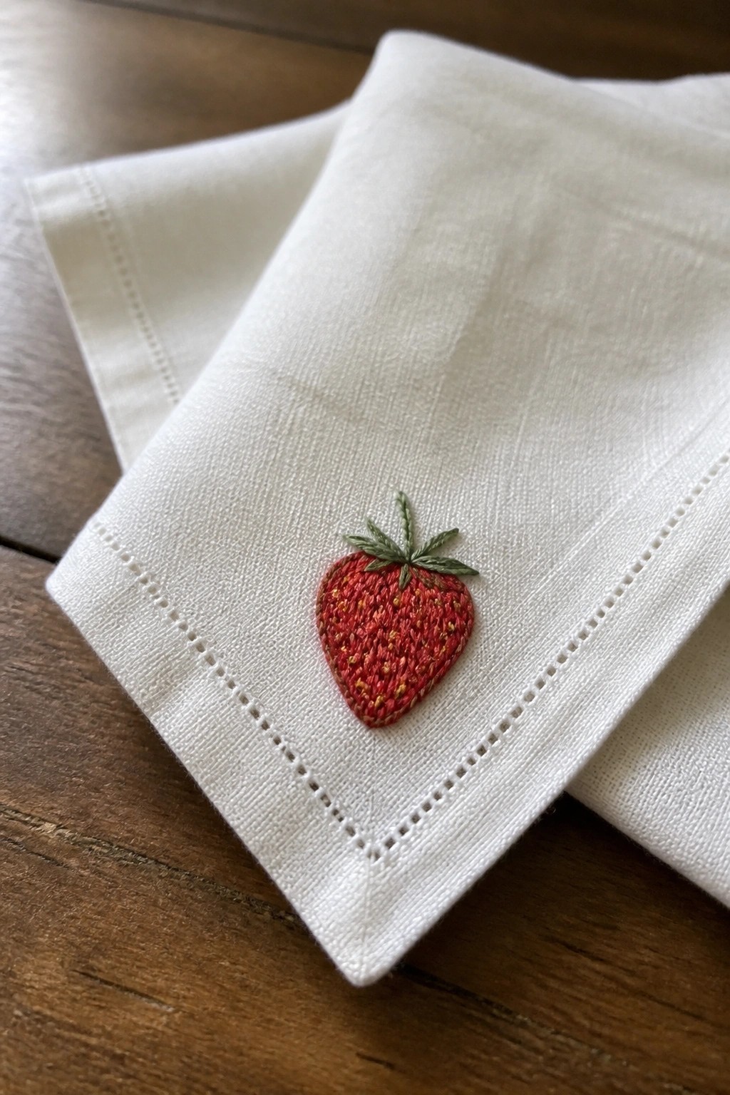 White napkin with embroidered red strawberry and green leaves on wood