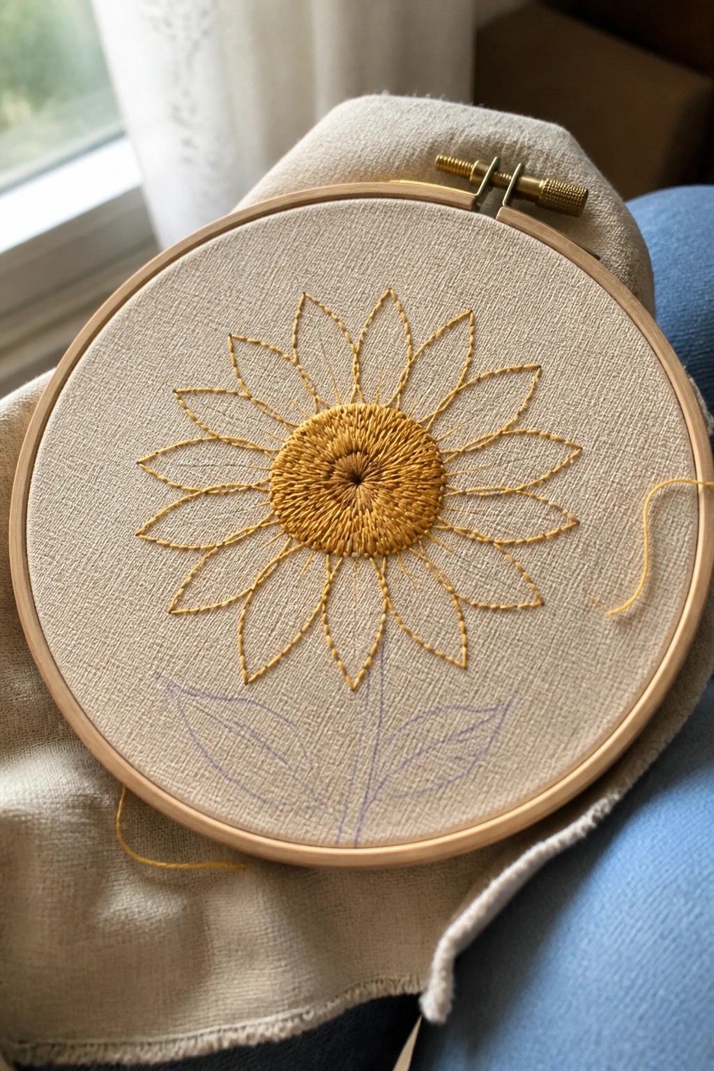 Wooden hoop with yellow sunflower embroidery and purple leaf outlines on beige fabric