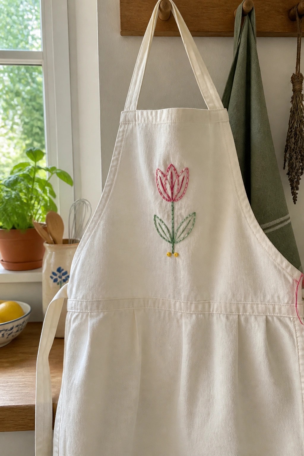 White apron with a pink tulip embroidered on the bib, hanging on a wooden hook.