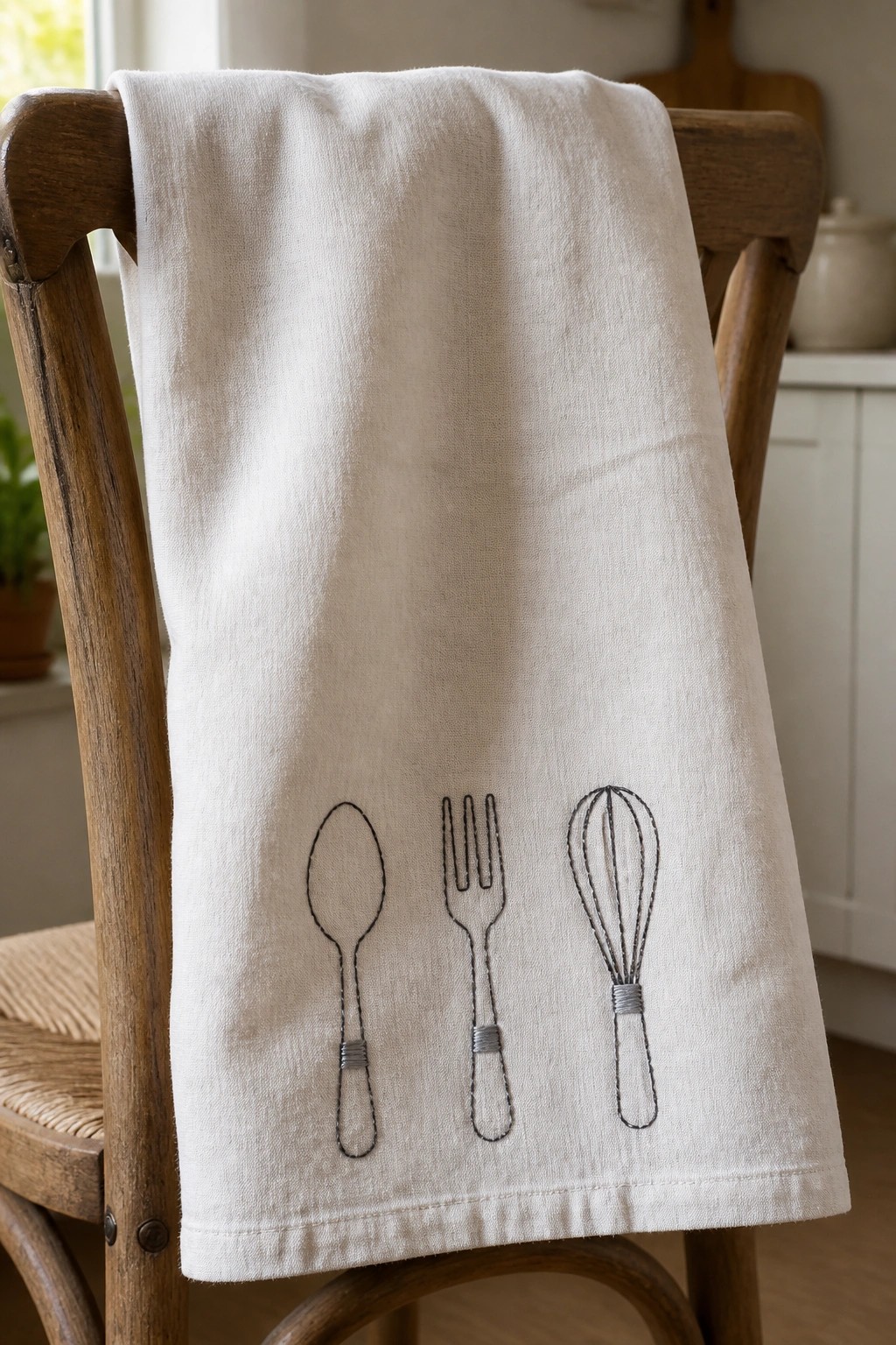 White towel embroidered with spoon, fork, and whisk on wooden chair