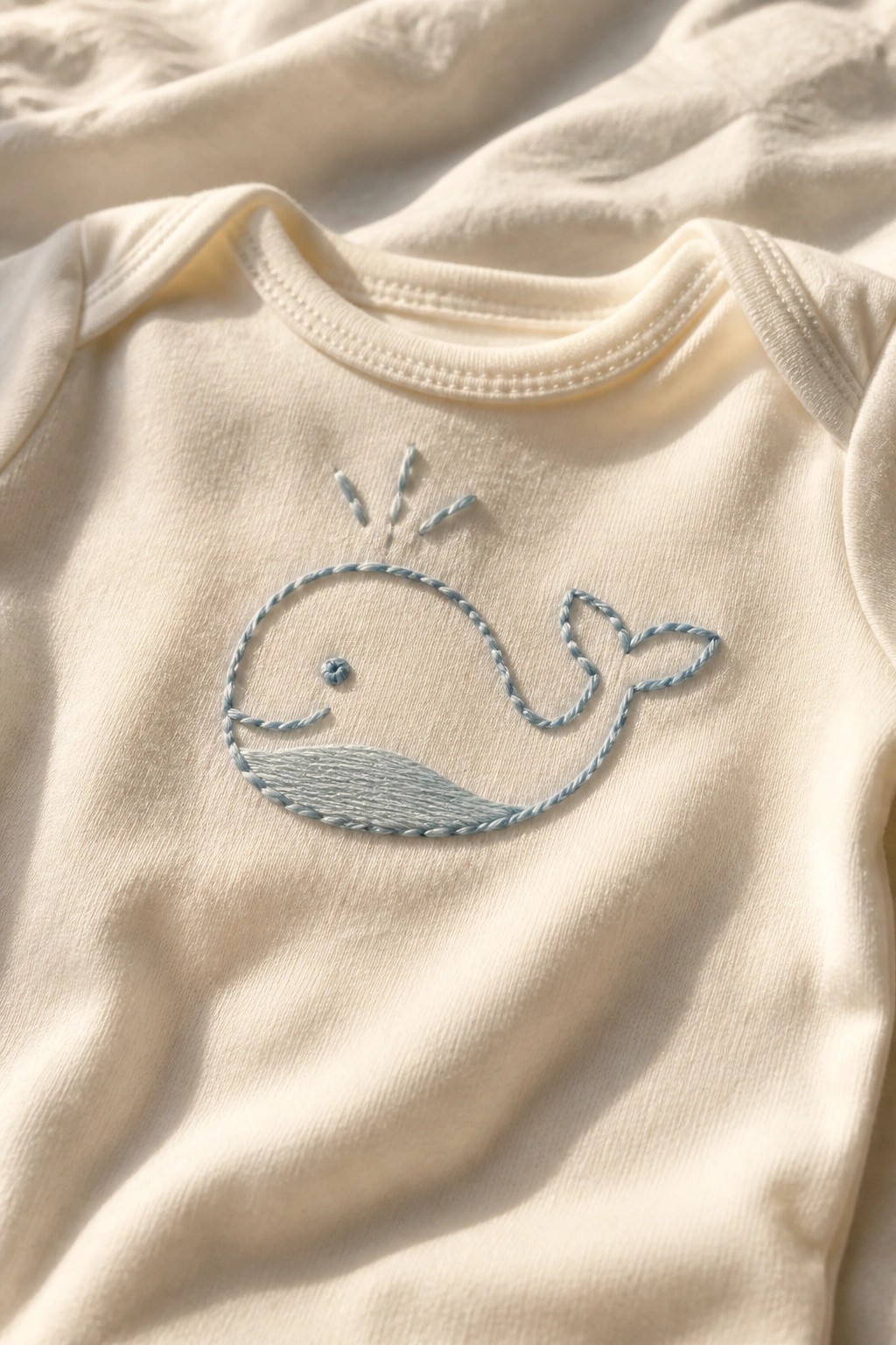 Cream onesie with light blue embroidered whale and water spout details.