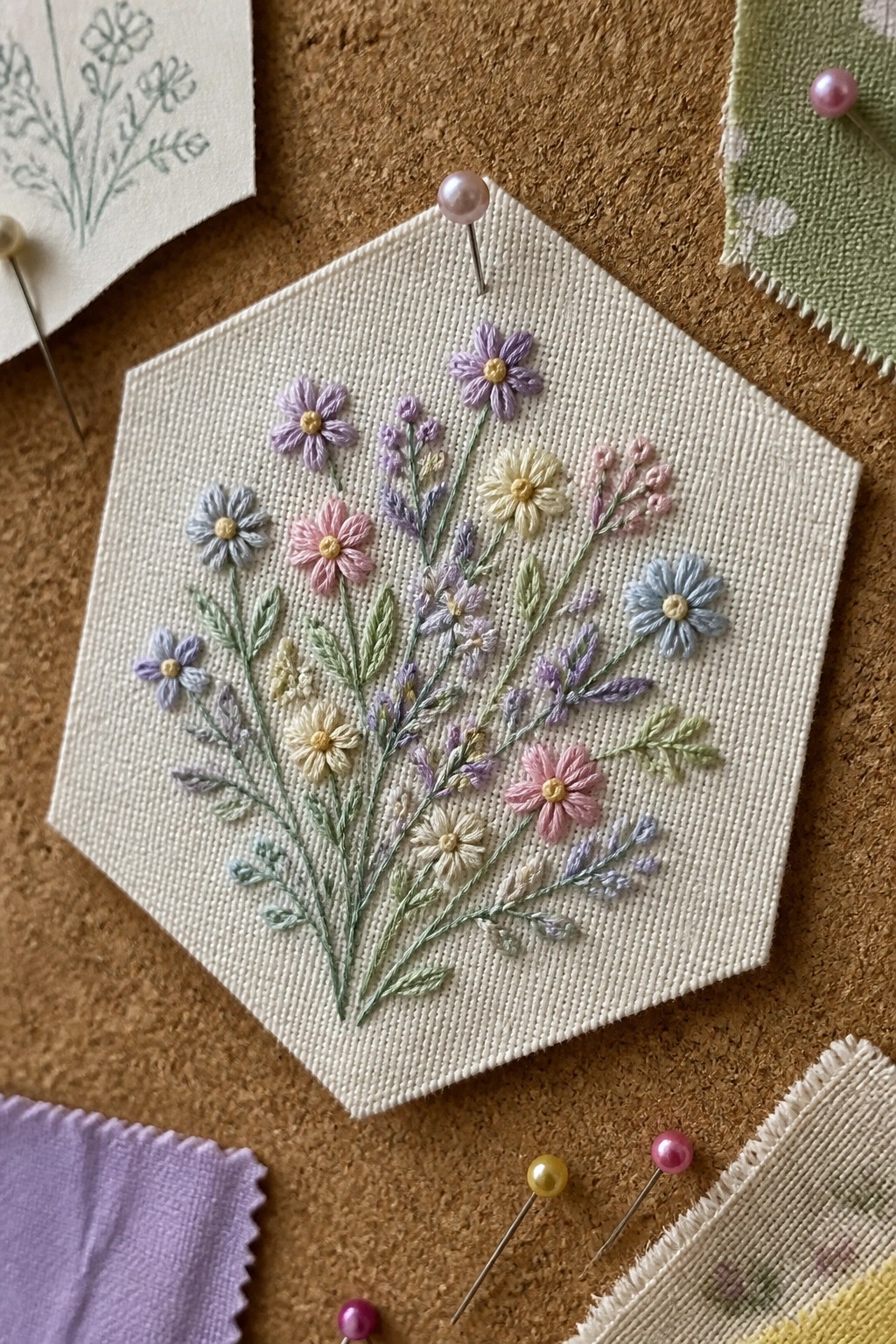 Hexagonal white fabric with colorful pastel wildflower embroidery pinned to corkboard