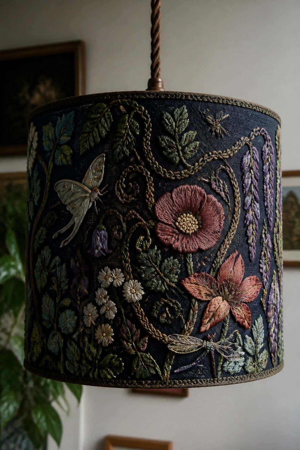 A dark blue cylindrical lampshade covered in embroidered flowers, leaves, a moth, and a dragonfly hangs from a twisted cord.