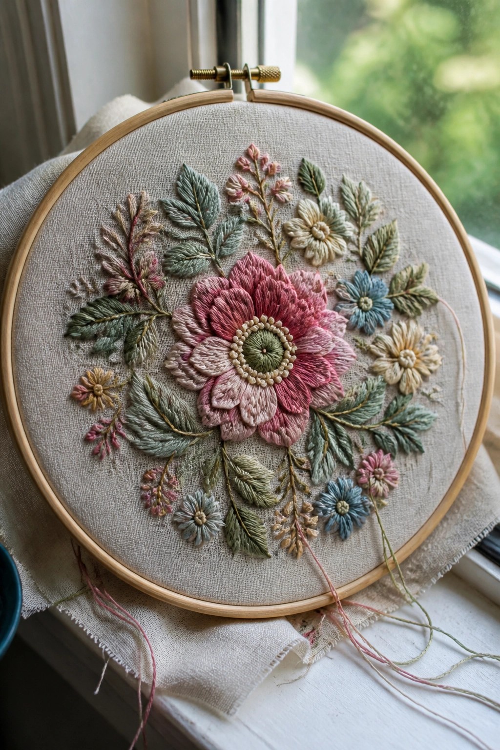 Embroidery hoop with a large central pink flower surrounded by smaller blue, yellow, and cream flowers plus green leaves on beige fabric.