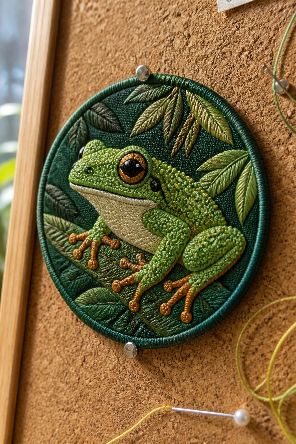 Embroidered green frog with orange eyes on circular fabric pinned to corkboard