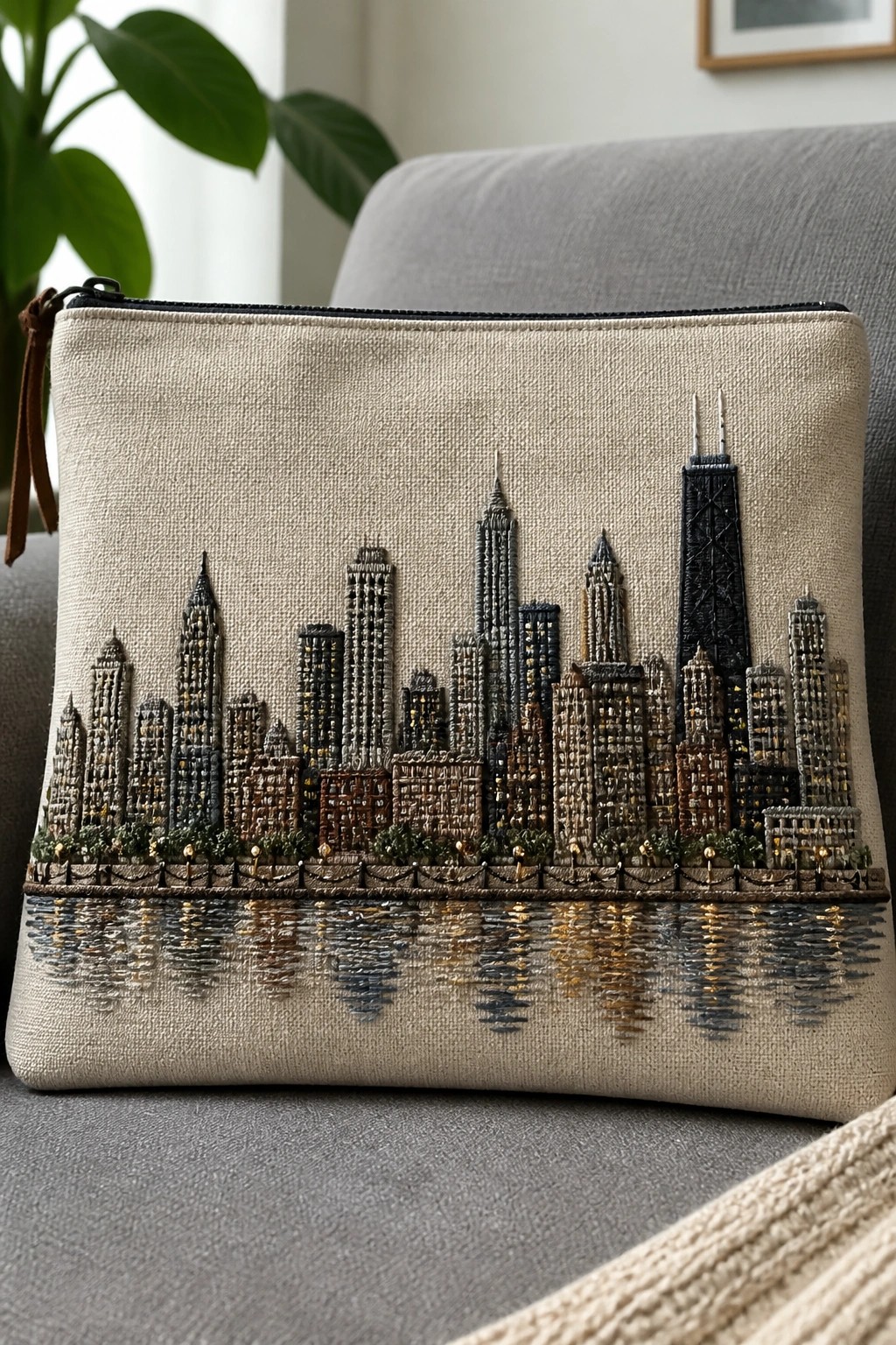 Beige zippered pouch embroidered with Chicago skyline and water reflections on gray couch