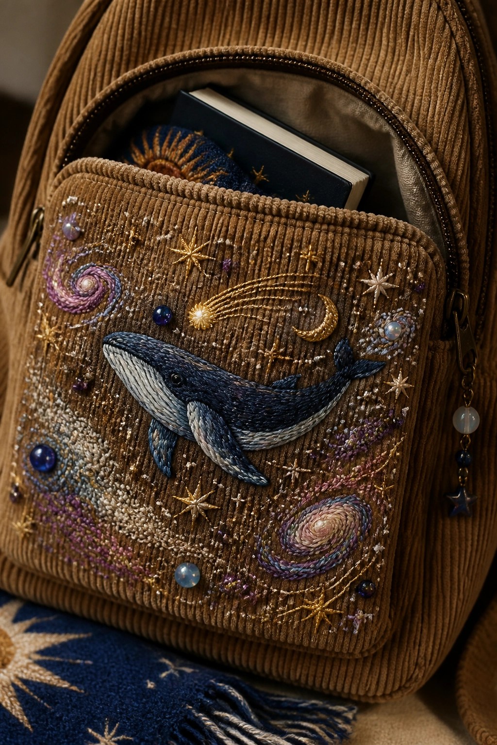 Brown corduroy backpack with embroidered whale, galaxies, stars, and moon, book inside pocket