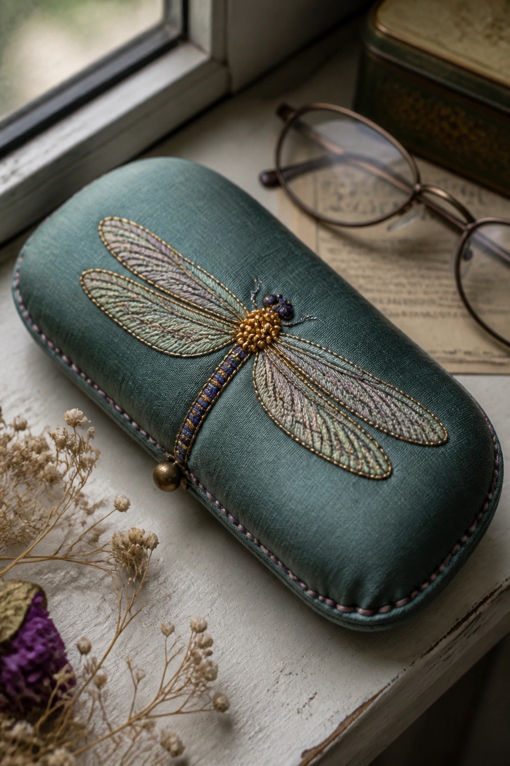 Teal velvet case with ornate embroidered dragonfly beside eyeglasses and dried flowers
