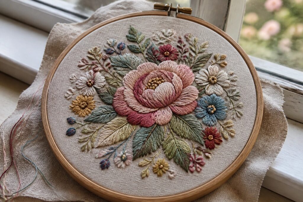 25 Intricate Hand Embroidery Designs for Experienced Stitchers Embroidery hoop with a large central pink flower surrounded by smaller blue, yellow, and cream flowers plus green leaves on beige fabric.