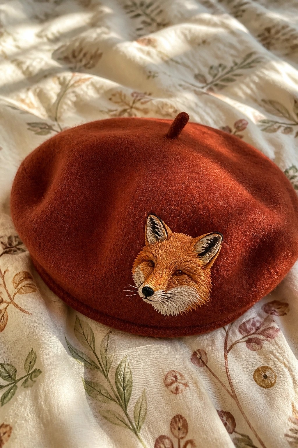 Rust-orange wool beret with embroidered fox on floral fabric in sunlight
