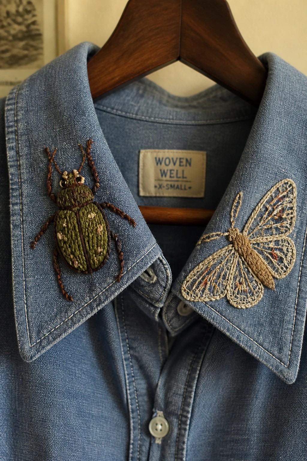 Blue denim shirt with green beetle and beige butterfly embroidery on collar