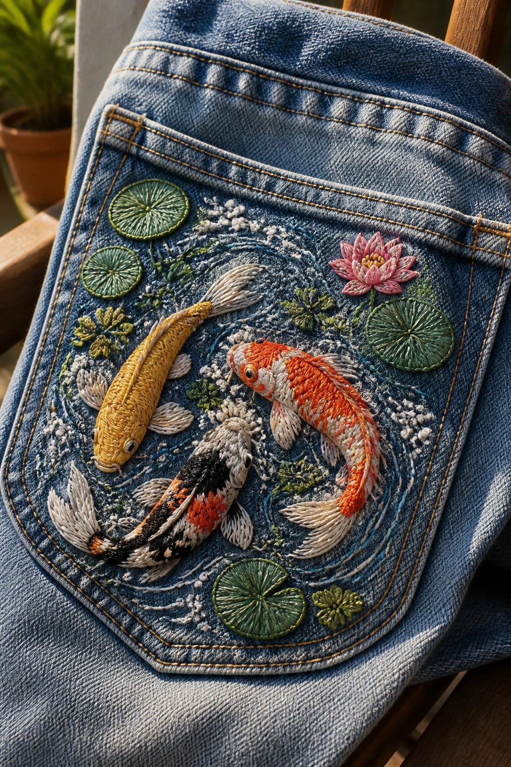 Embroidered koi fish, lotus flower, and lily pads on blue denim pocket