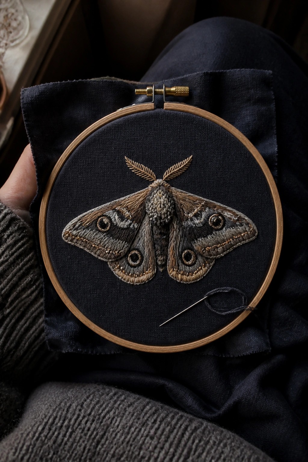 Embroidered moth in wooden hoop on dark blue fabric over gray sweater, needle nearby.