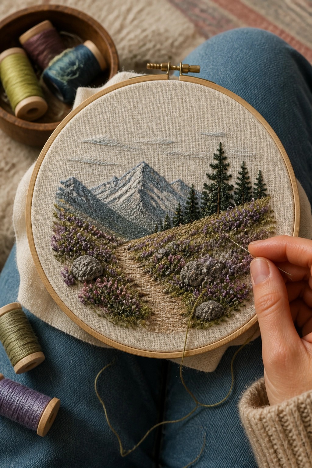 Hand stitching mountain landscape with purple flowers in embroidery hoop