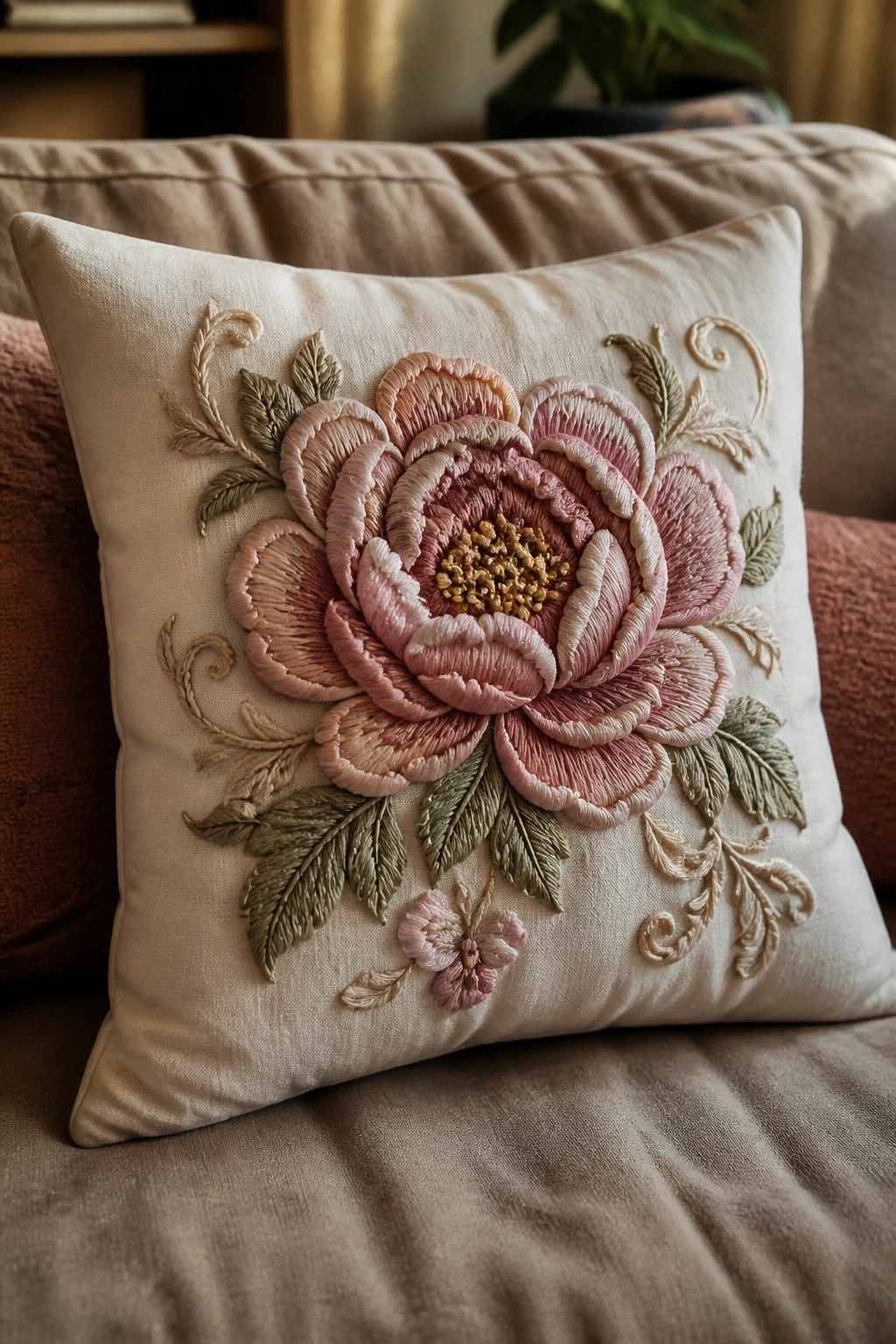 Embroidered cream pillow with pink peony flower and green leaves on sofa