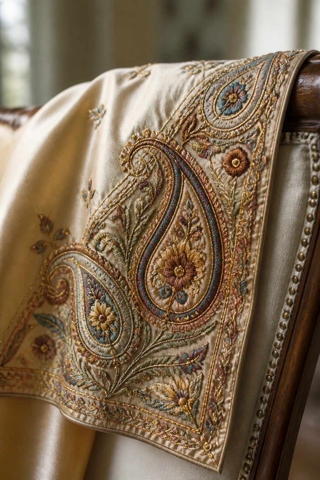 Intricate paisley and floral embroidery in gold and teal on beige fabric over wood