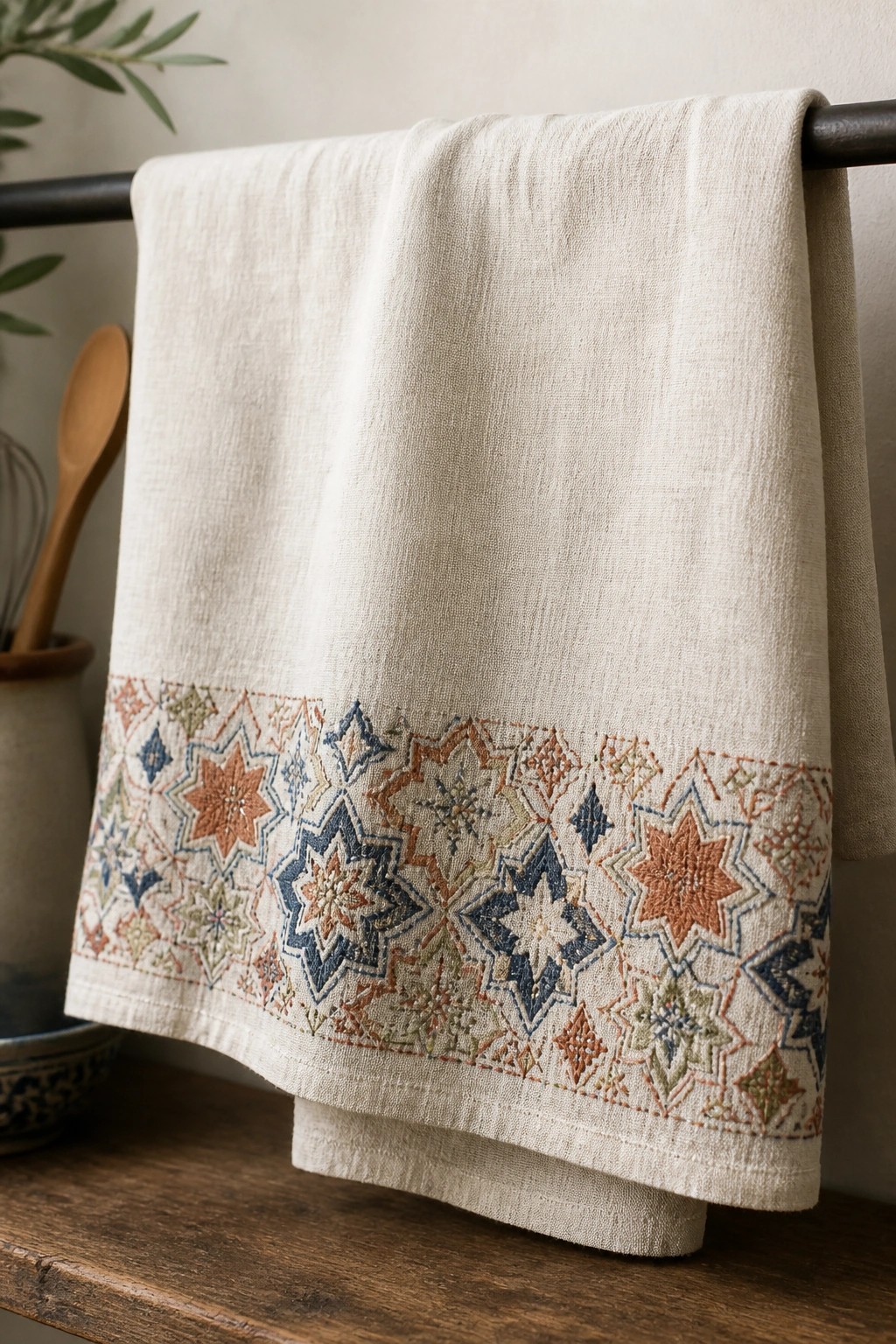 Cream towel with multicolored geometric embroidery border on a wooden table.