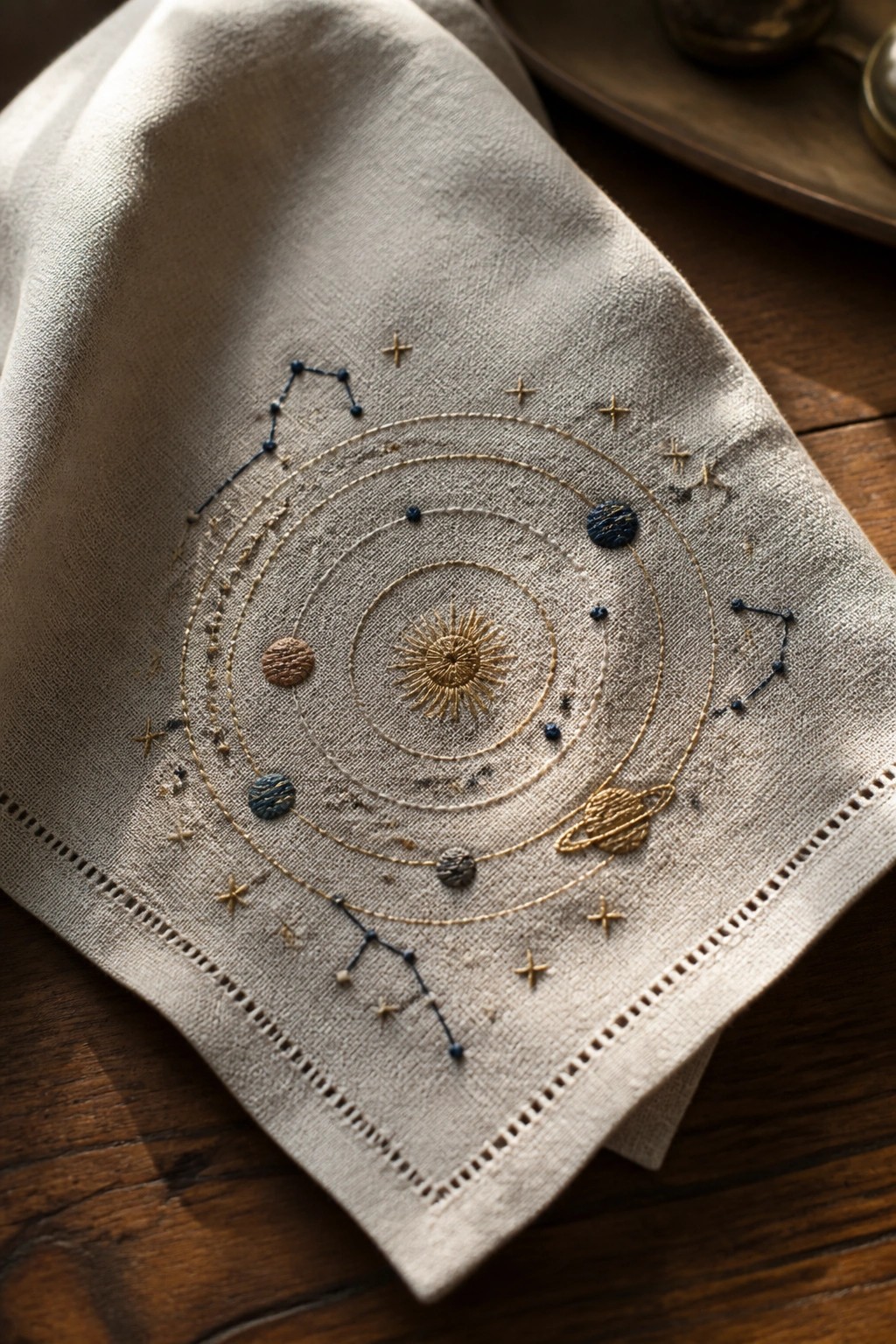 Beige linen napkin embroidered with golden sun, planets, and constellations.