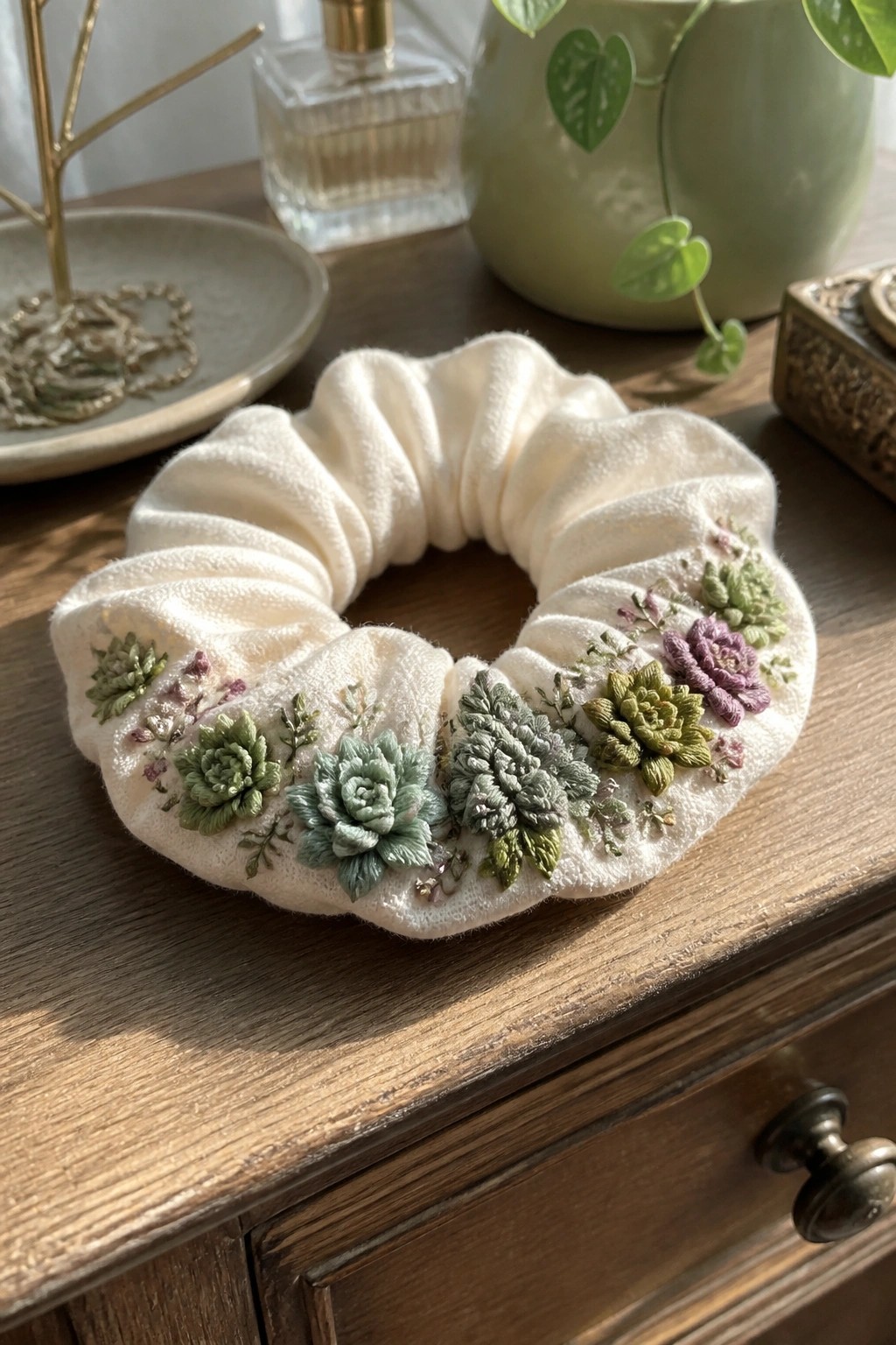 Embroidered cream scrunchie with succulents on wooden vanity table