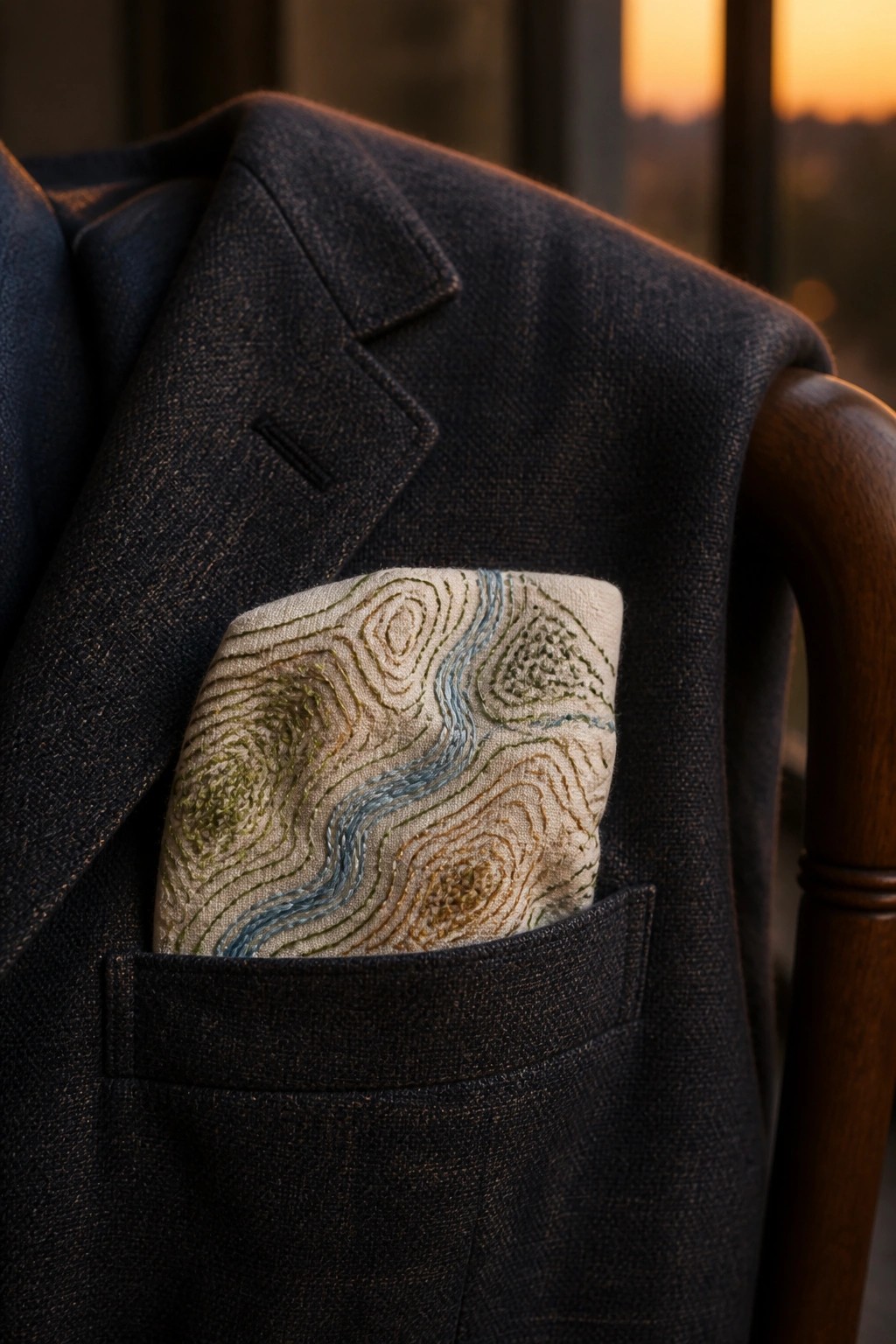 Dark navy tweed jacket with beige embroidered topographic pocket square at sunset