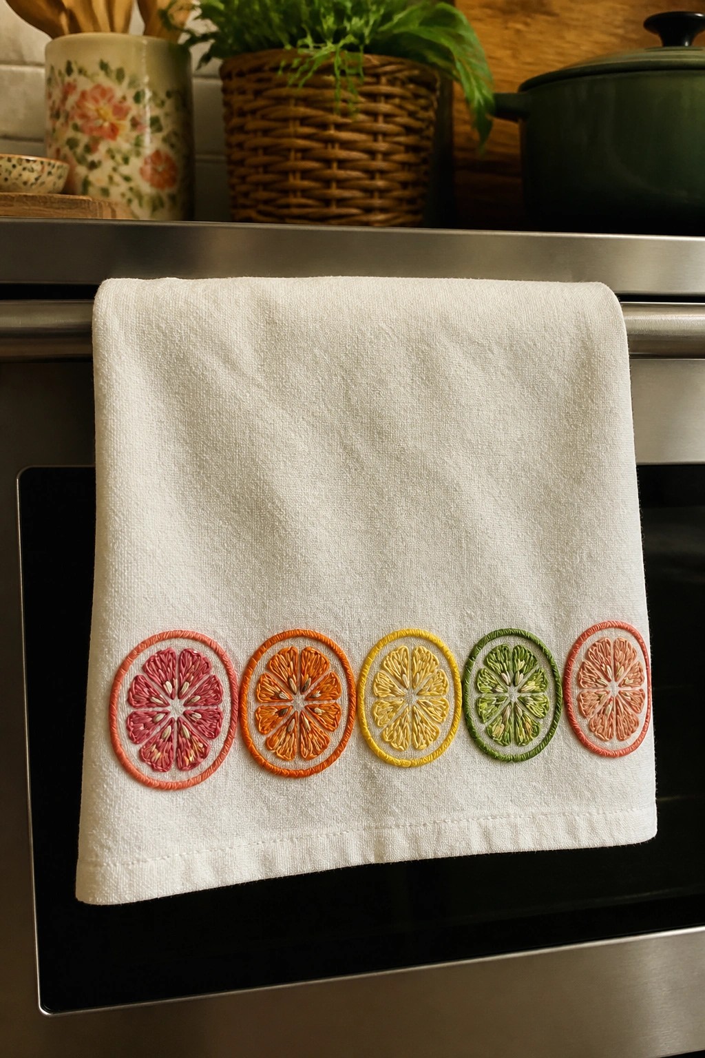 White towel embroidered with colorful citrus slices hanging on oven handle