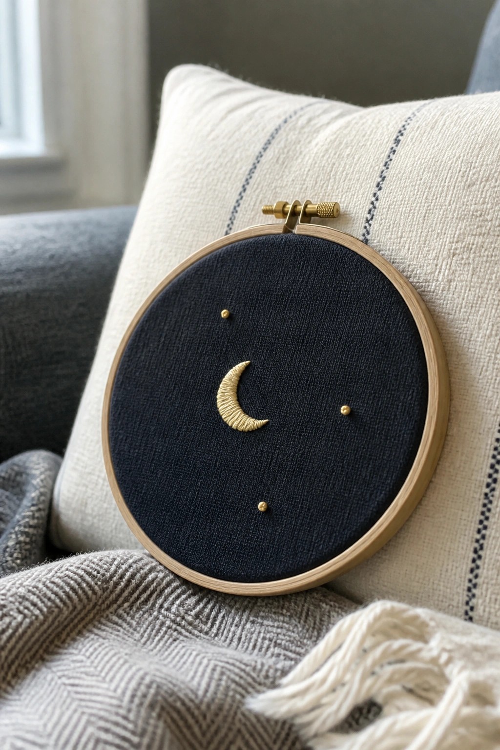 Golden crescent moon and dots embroidered on navy fabric in wooden hoop on striped pillow