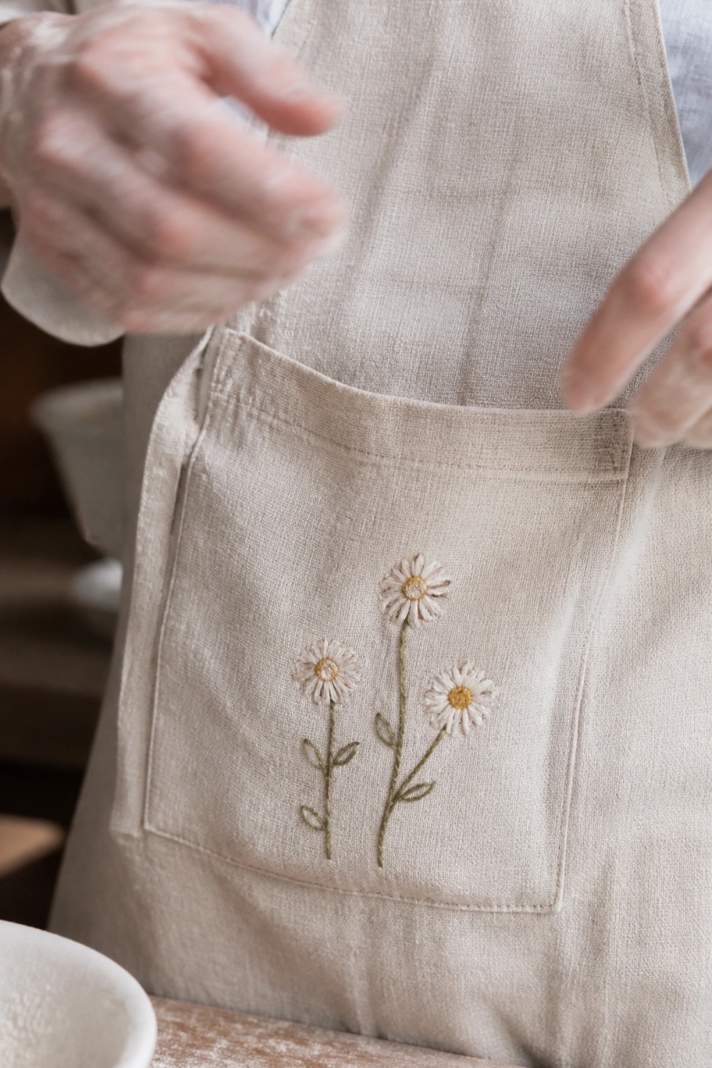 Beige apron with embroidered daisies on pocket, flour-dusted hands nearby.