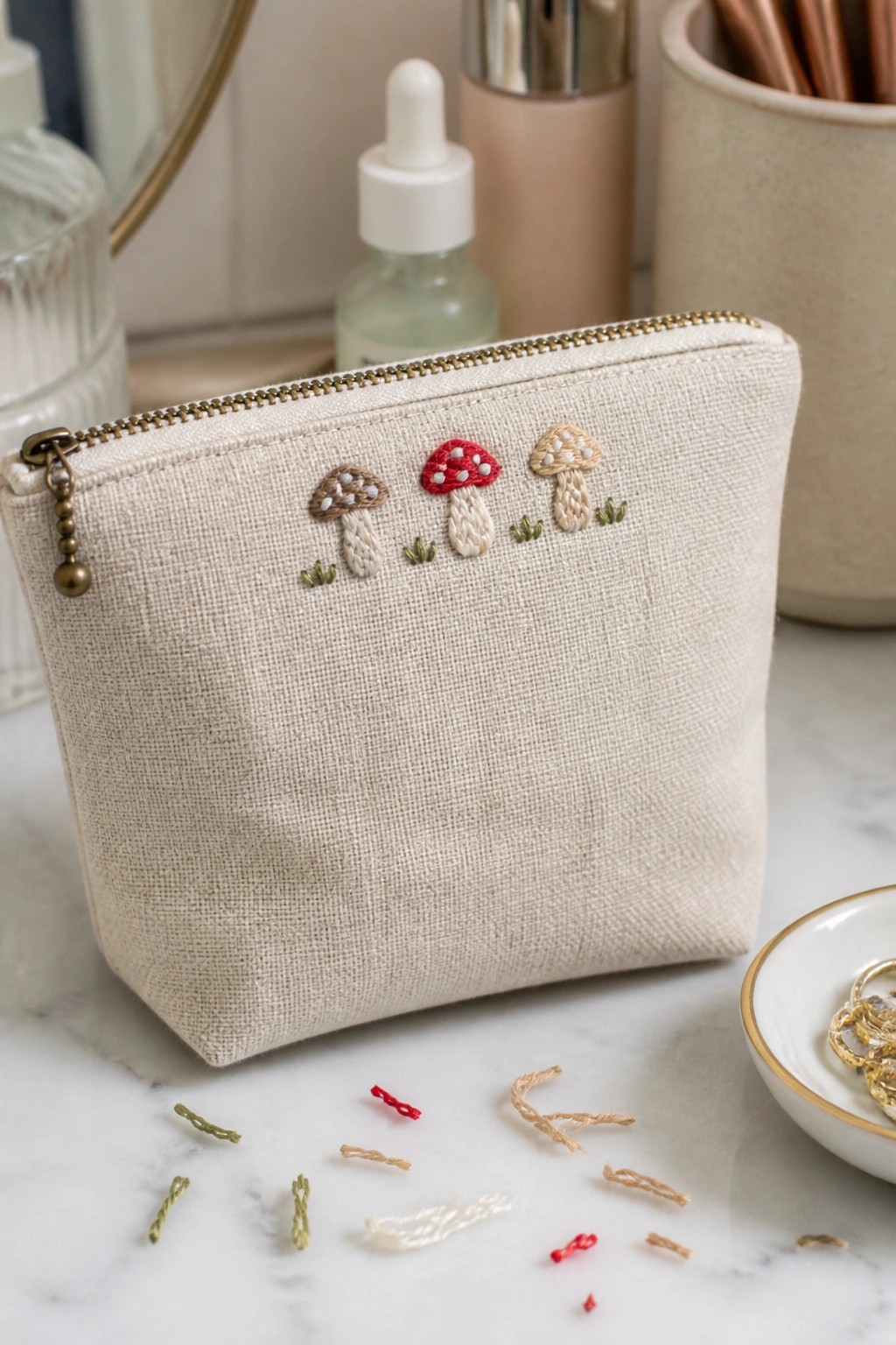 Beige zippered pouch embroidered with three mushrooms beside scattered threads on marble