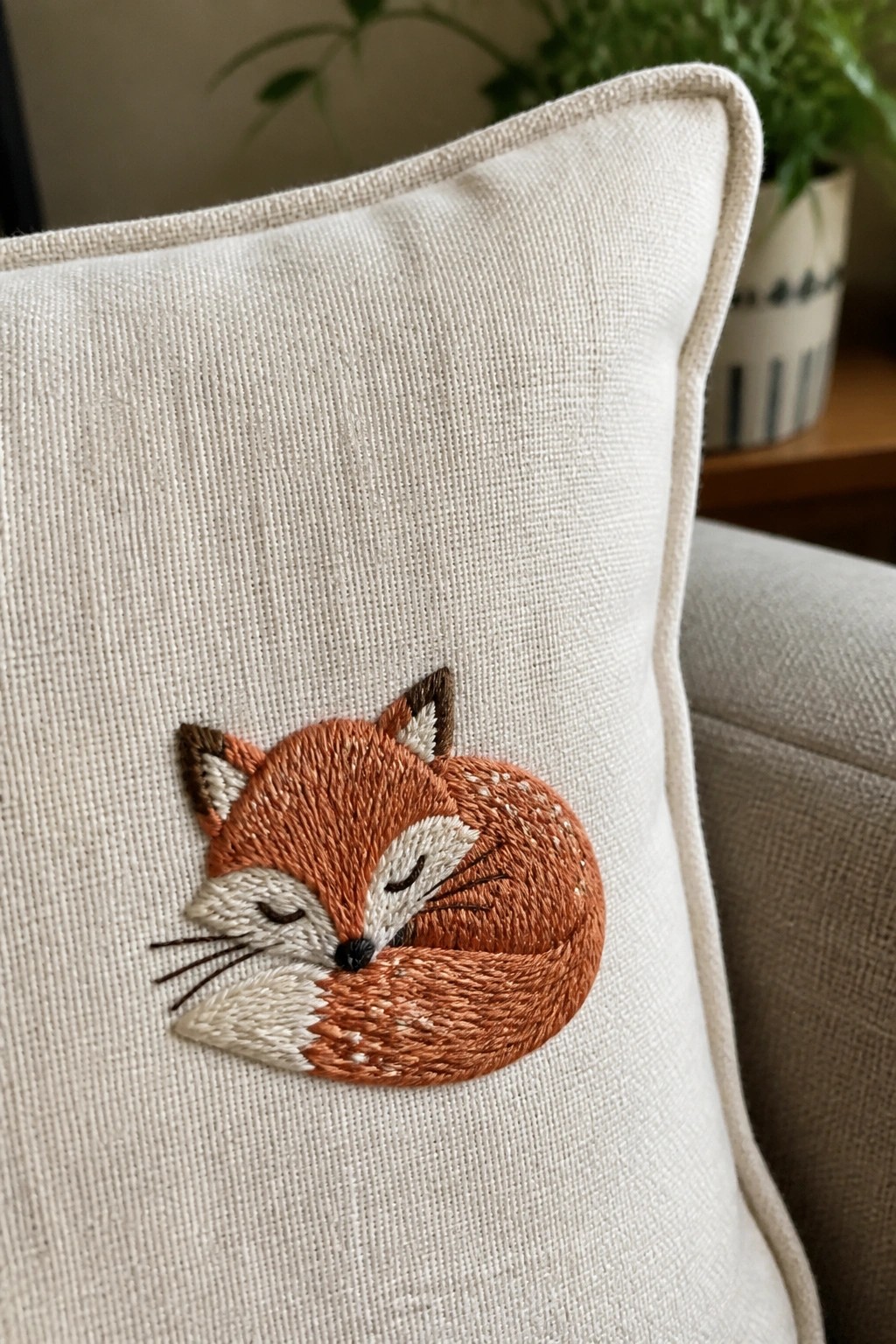 Embroidered sleeping fox curled on a light fabric pillow.