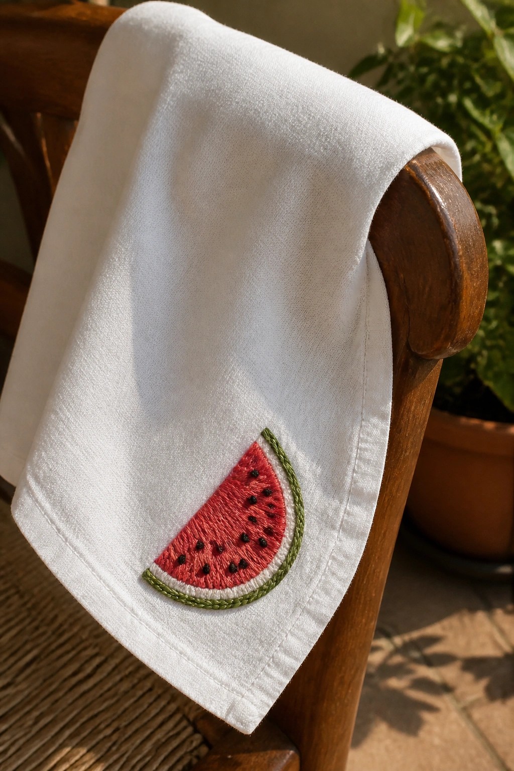 White towel with red watermelon embroidery draped over wooden chair arm