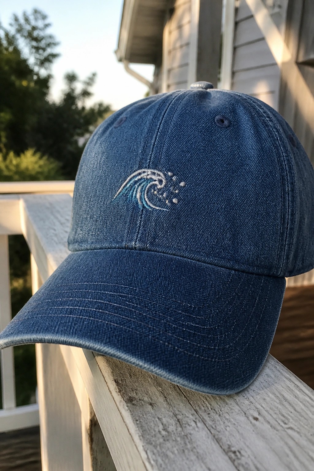 A blue denim baseball cap with a small embroidered wave in blue and white thread resting on a wooden railing.