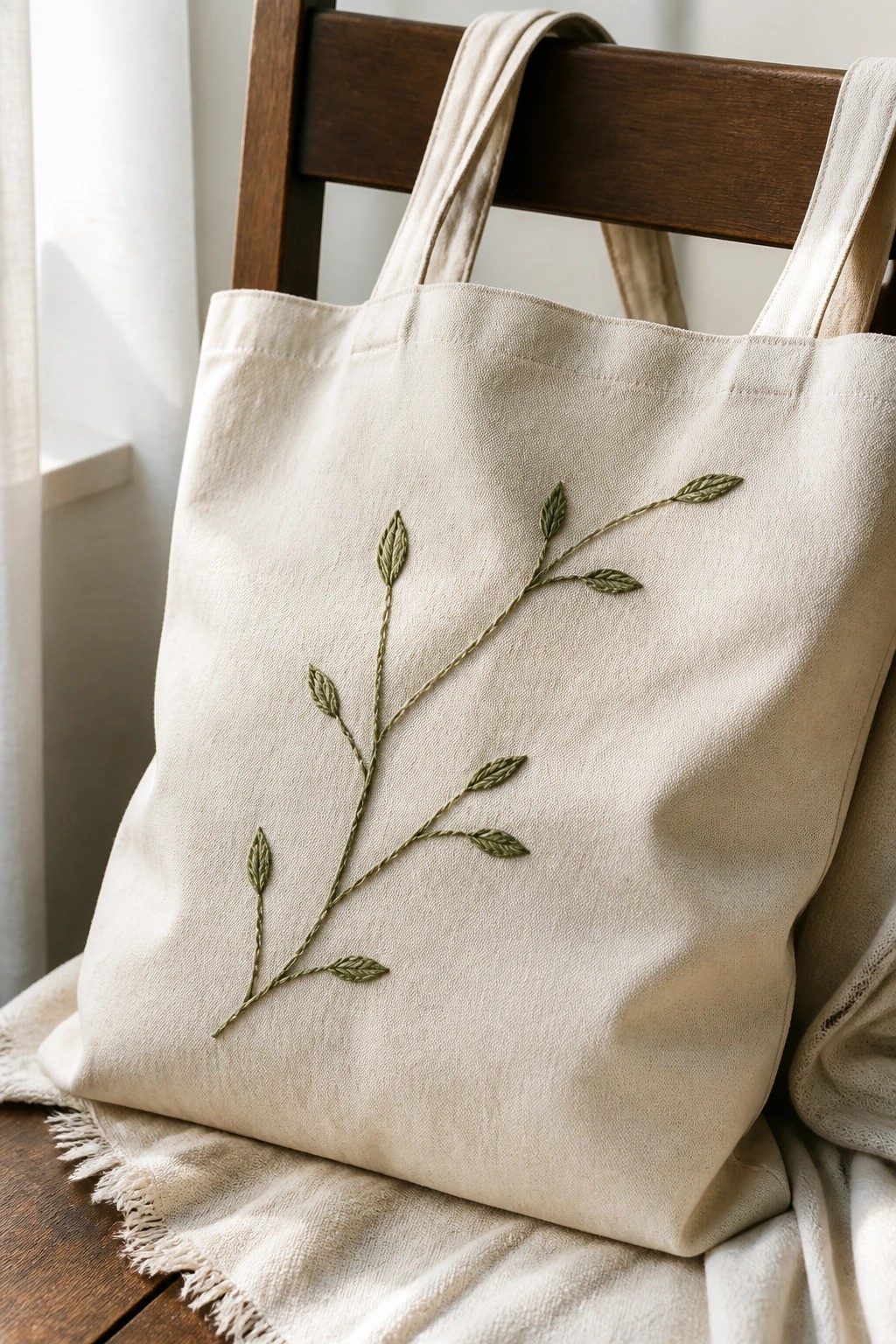 Beige canvas tote bag with green embroidered leaves on wooden chair