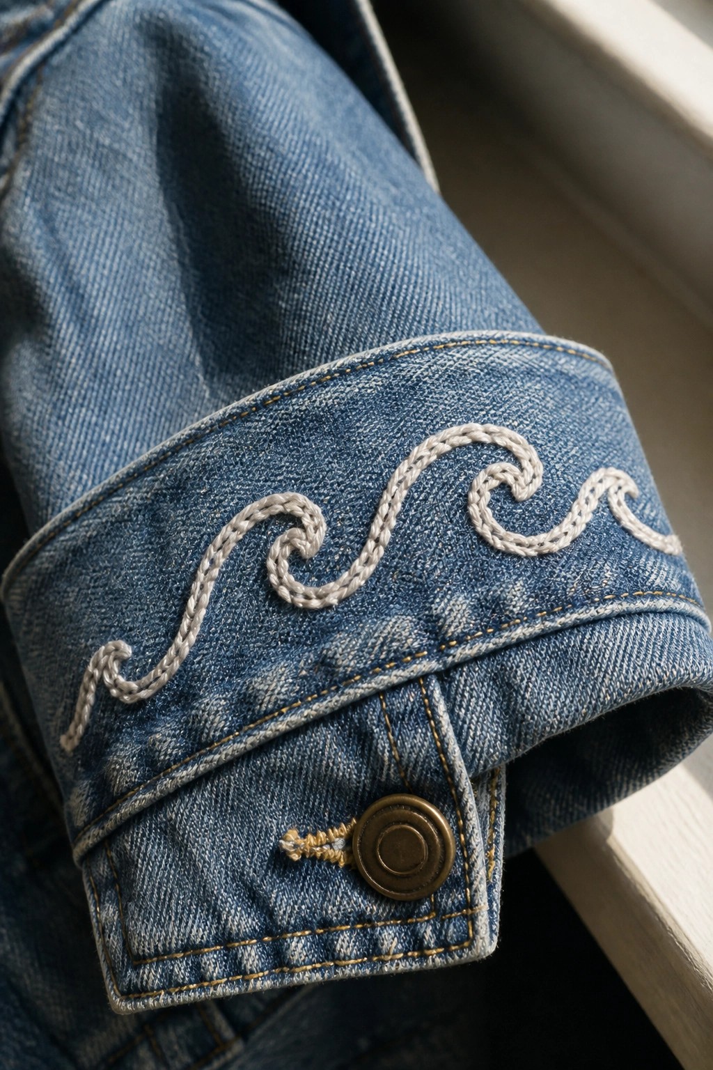Blue denim cuff with white swirling embroidery and brown button