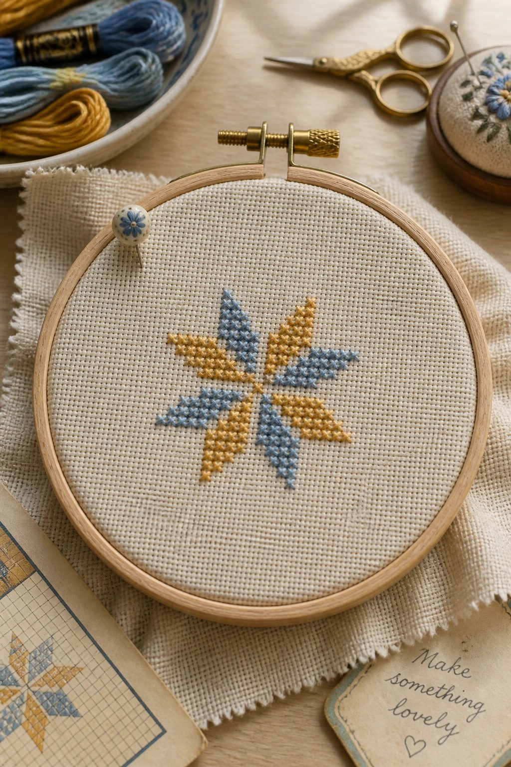 Wooden embroidery hoop with blue and yellow cross-stitched star motif amid threads and scissors