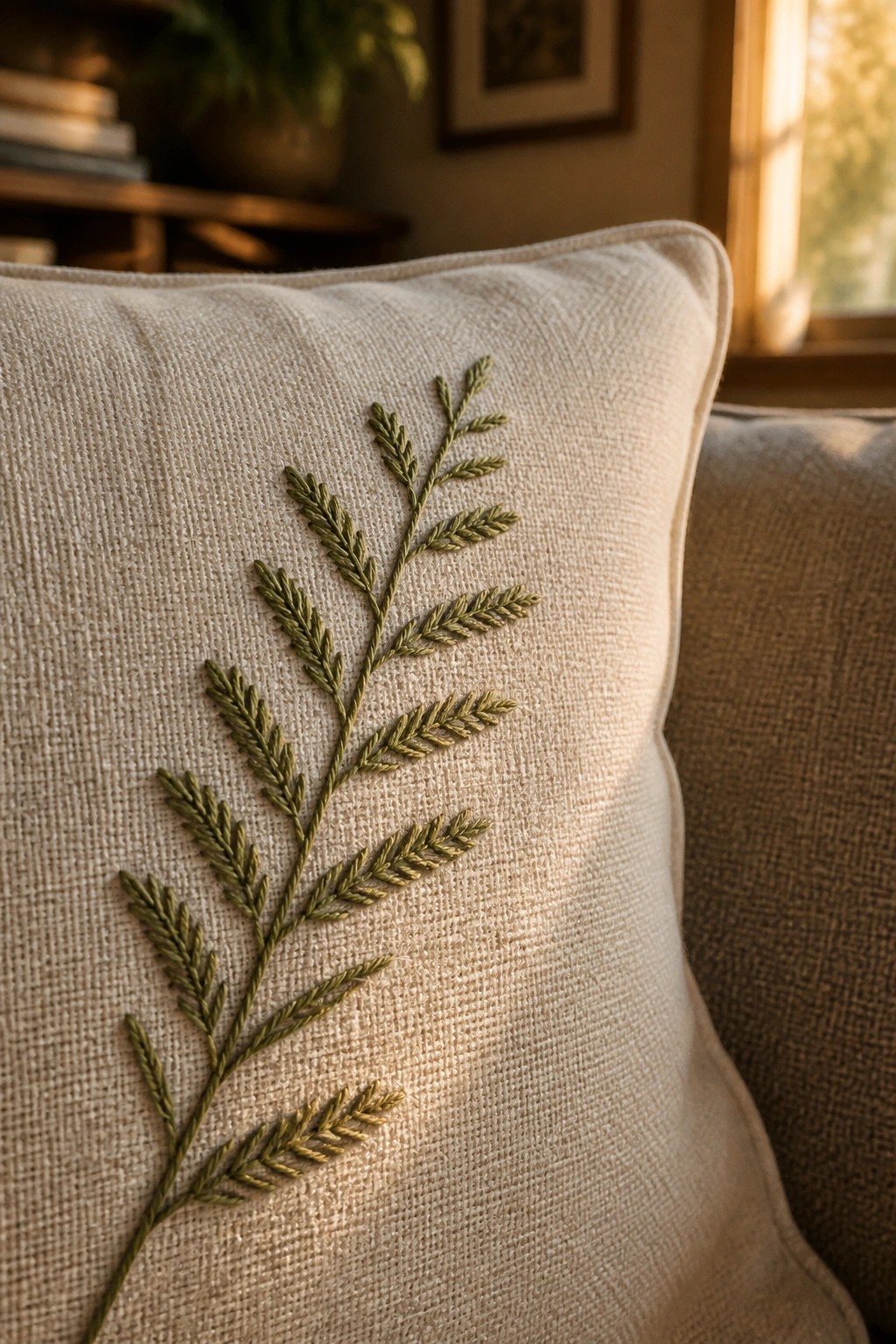 Green embroidered fern on textured cream linen pillow in warm sunlight.