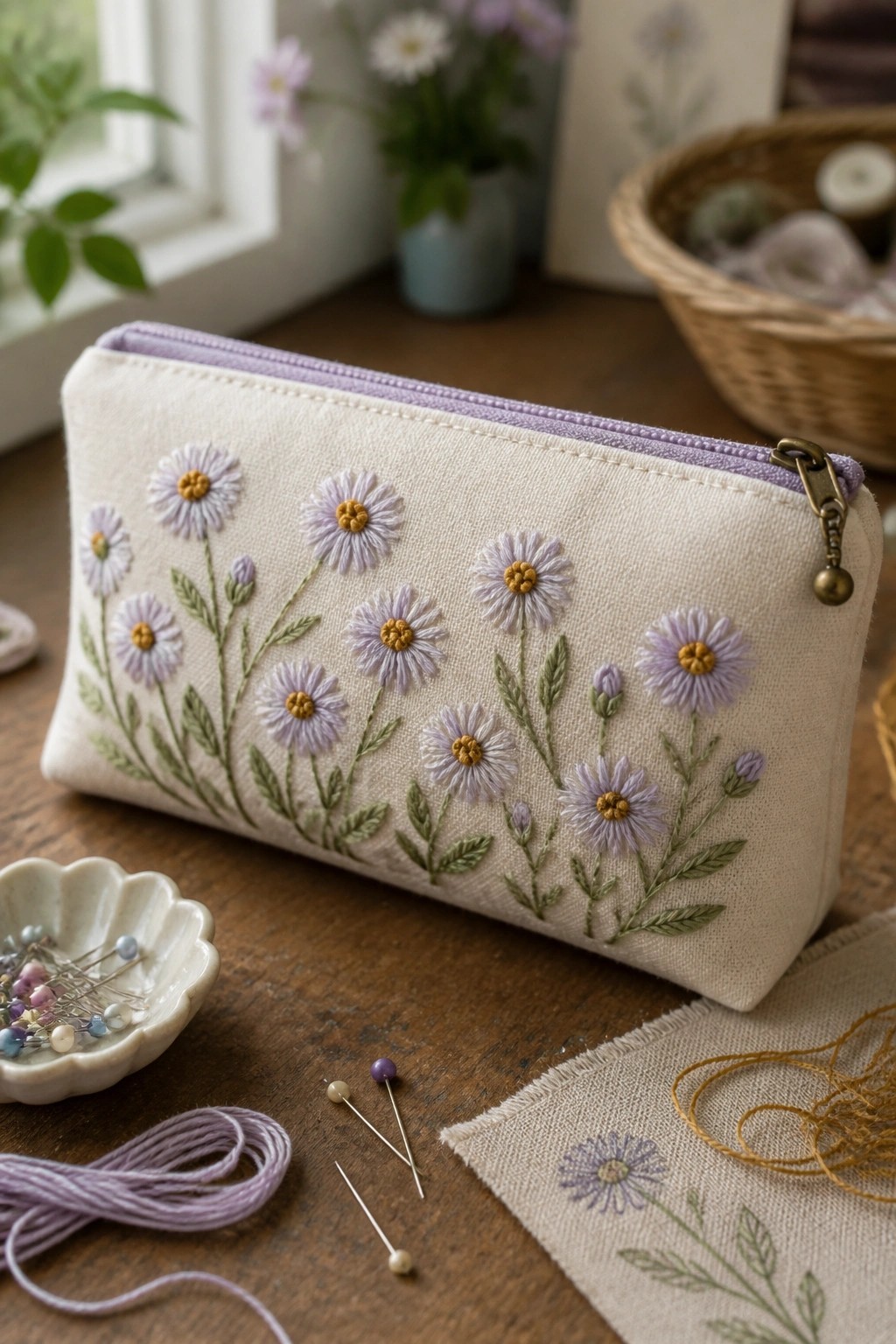 Embroidered cream pouch with purple daisies beside pins, thread, and fabric on wood.