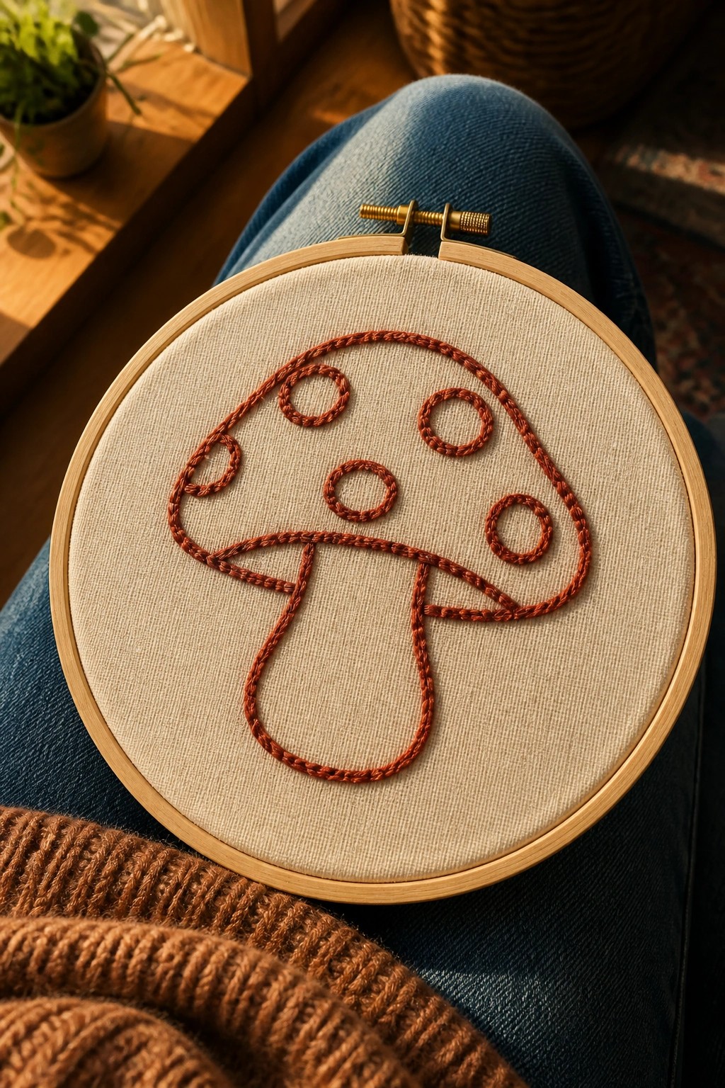 Embroidery hoop with terracotta mushroom design on beige fabric atop blue jeans and brown sweater