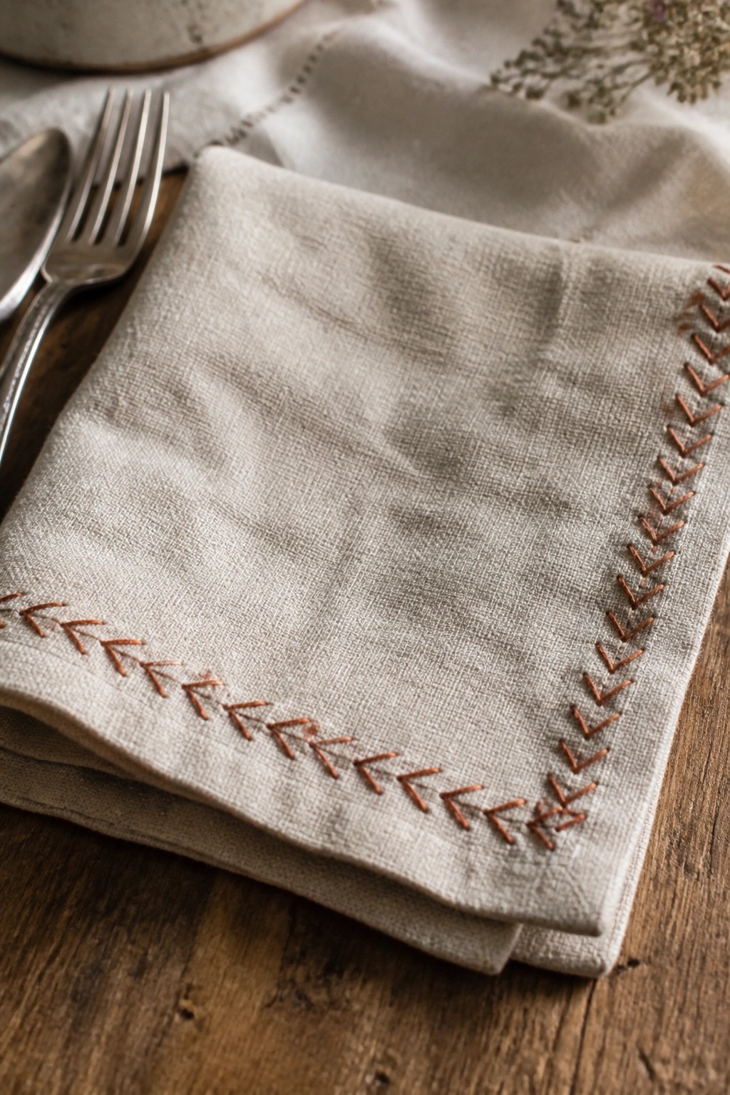 Beige linen napkin with terracotta embroidered edges on wooden table beside fork