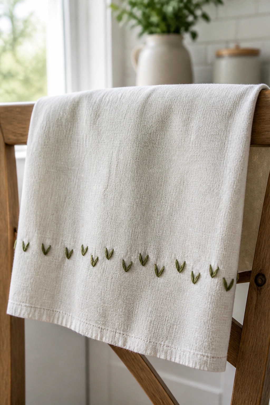 A white linen towel with a row of small green embroidered leaves along the bottom edge draped over a wooden chair.