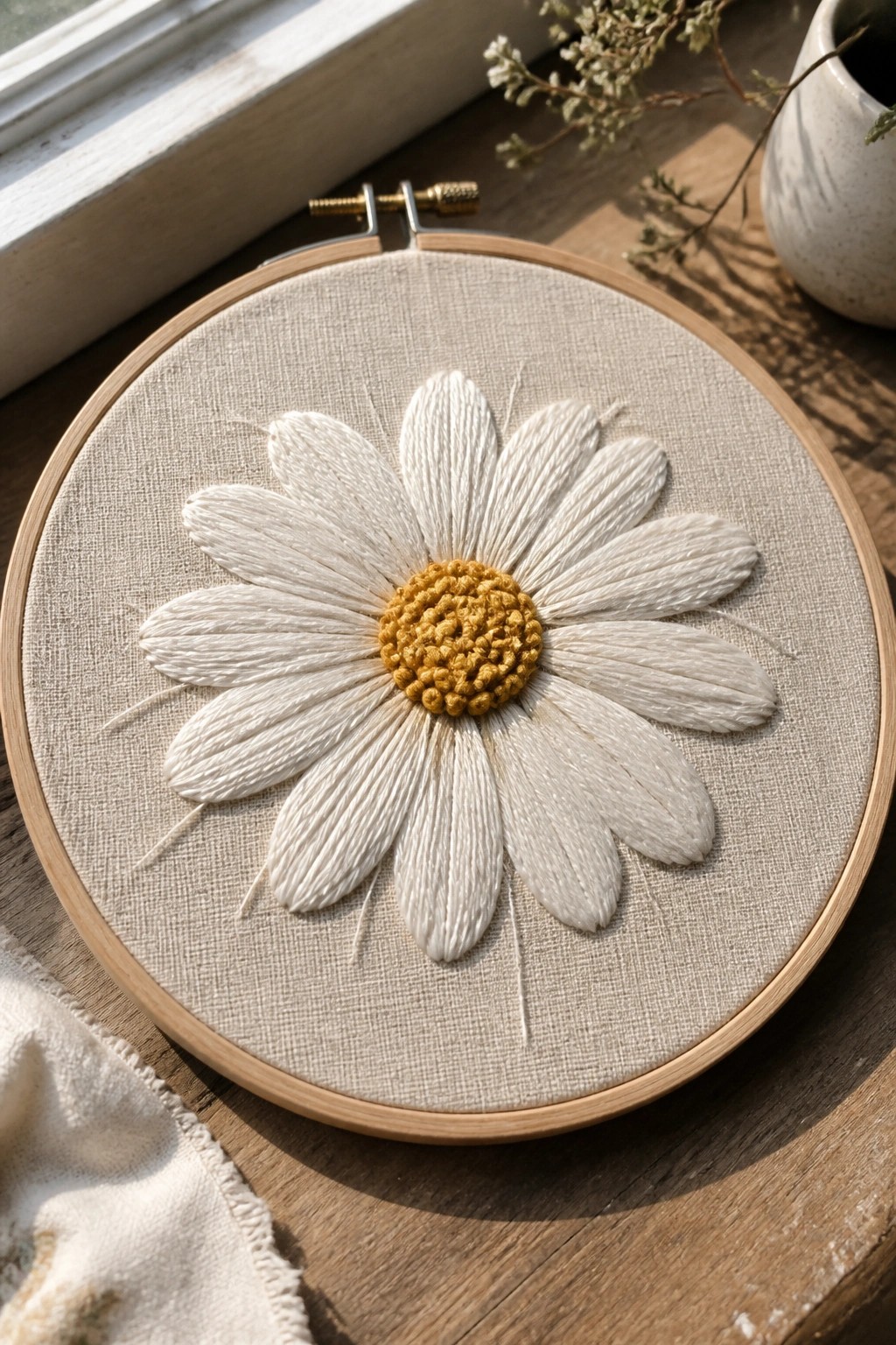 A daisy flower embroidered with white petals and a yellow center inside a wooden embroidery hoop on a wooden surface.