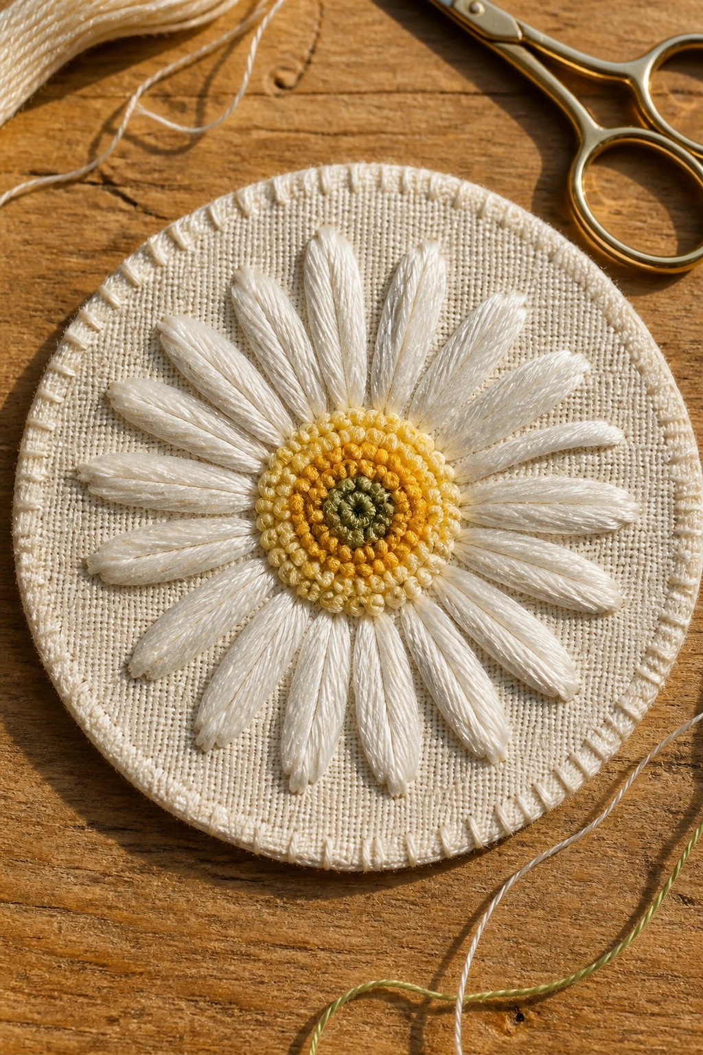 Round embroidery hoop with a white-petaled daisy and yellow-green center on beige fabric resting on wood next to scissors and thread.