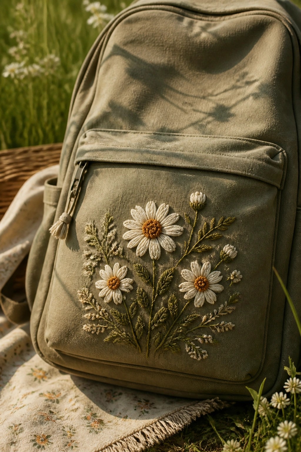 Olive green backpack with white daisy embroidery on floral blanket in sunny meadow