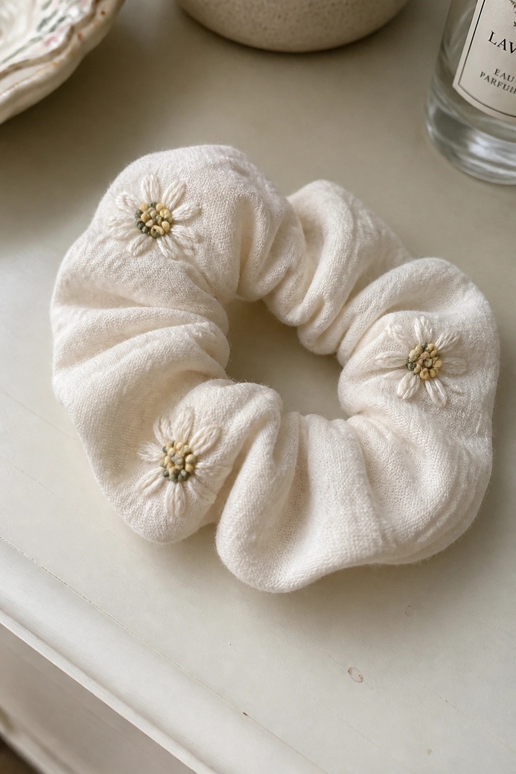 A white scrunchie with three small embroidered daisy motifs spaced around it.
