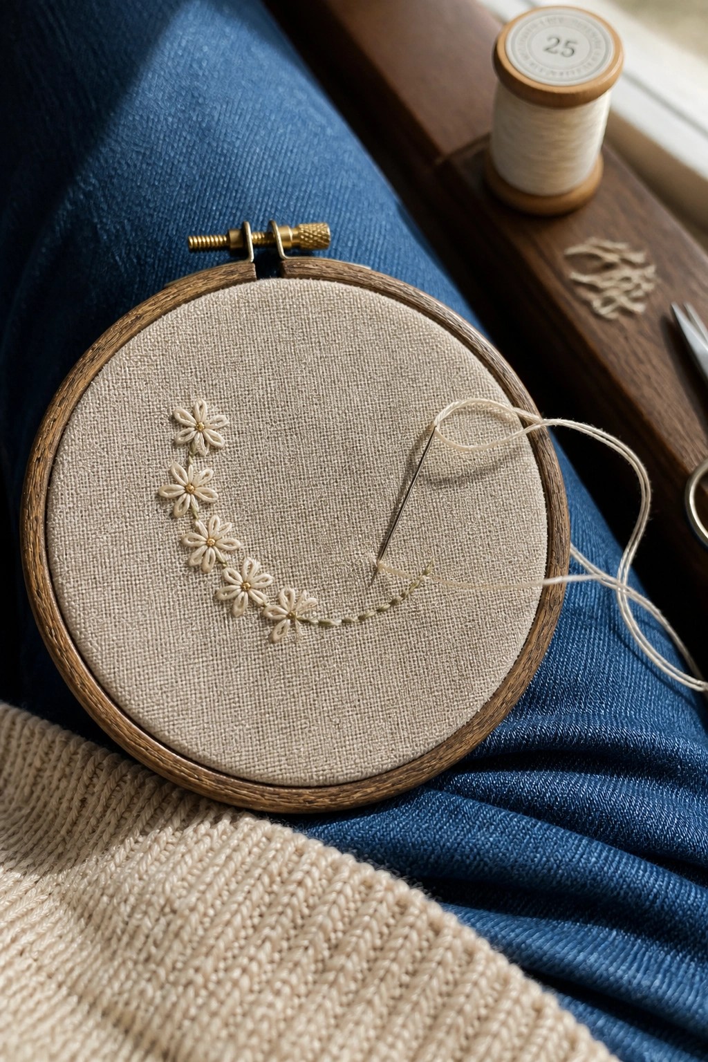 Wooden hoop with beige fabric showing a curved line of small daisy embroidery and a threaded needle on the fabric.