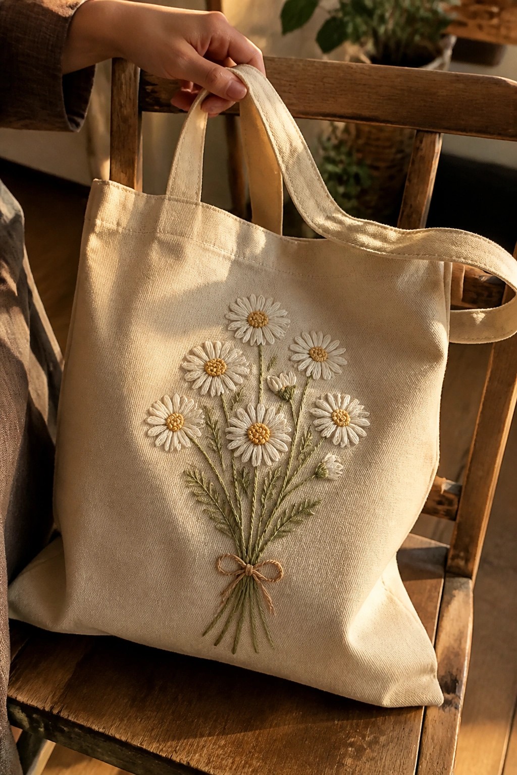 A beige canvas tote bag with white daisy embroidery and green stems tied by a bow rests on a wooden chair.