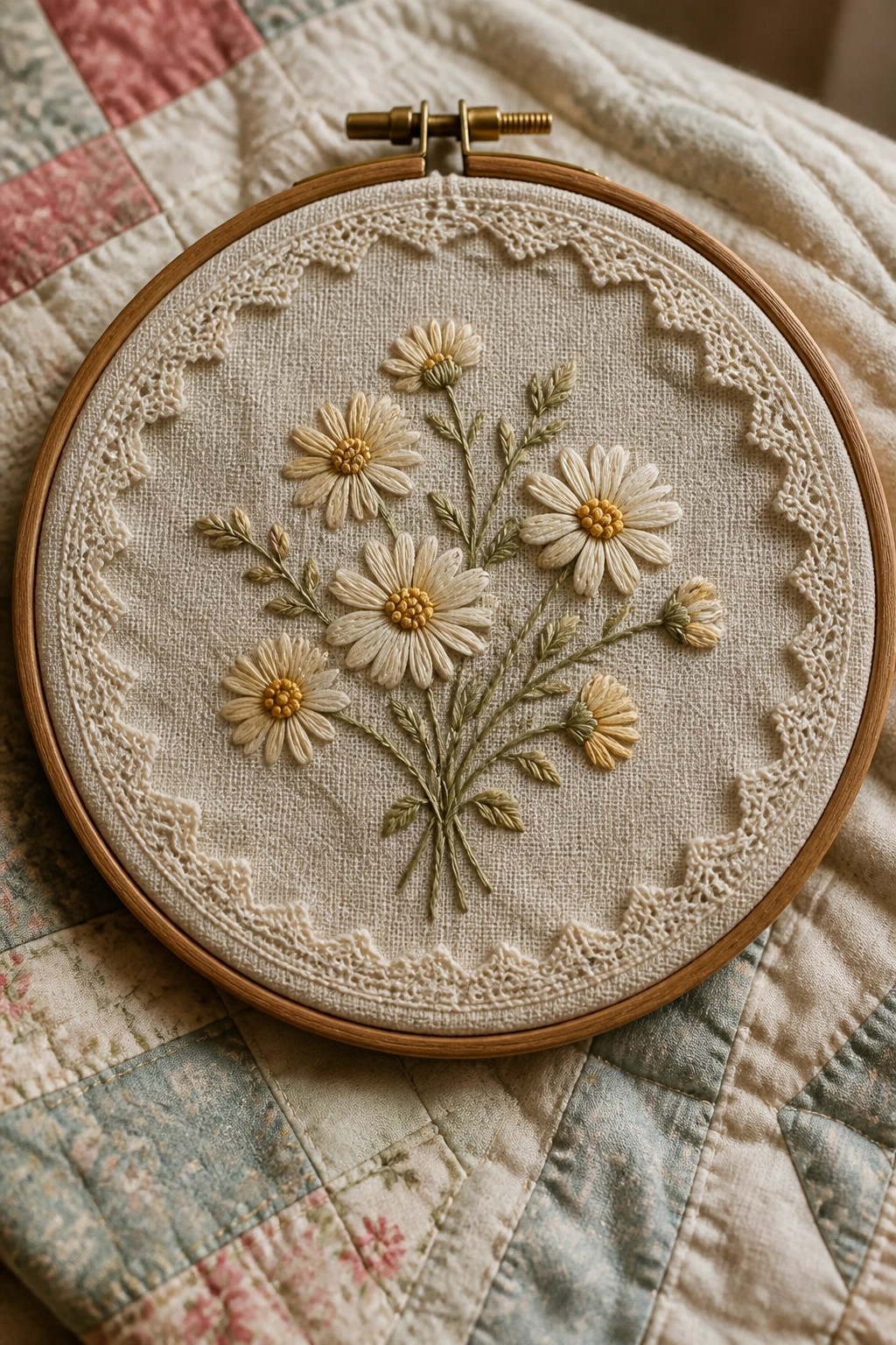 Wooden hoop with embroidered white daisies, yellow centers, and green stems on quilt.