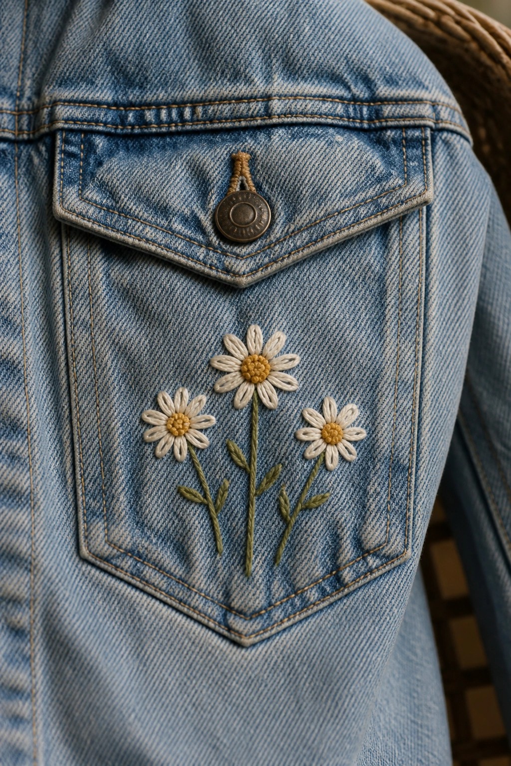 Light blue denim jacket pocket with white daisy embroidery and button
